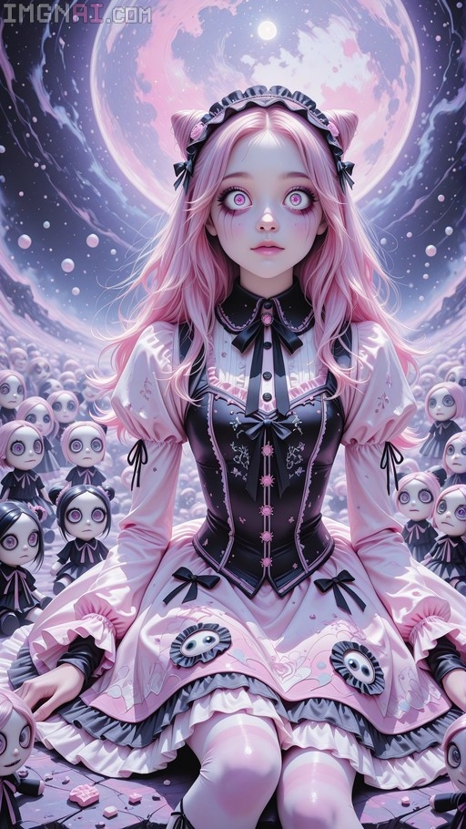 A doll-like girl with long pink hair and large eyes sits in a black and pink gothic lolita dress under a giant moon, surrounded by smaller figures.