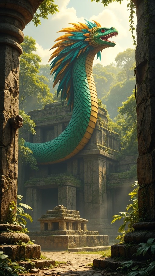 A large green dragon with vibrant blue and yellow head feathers rises from mossy stone ruins framed by ancient pillars.