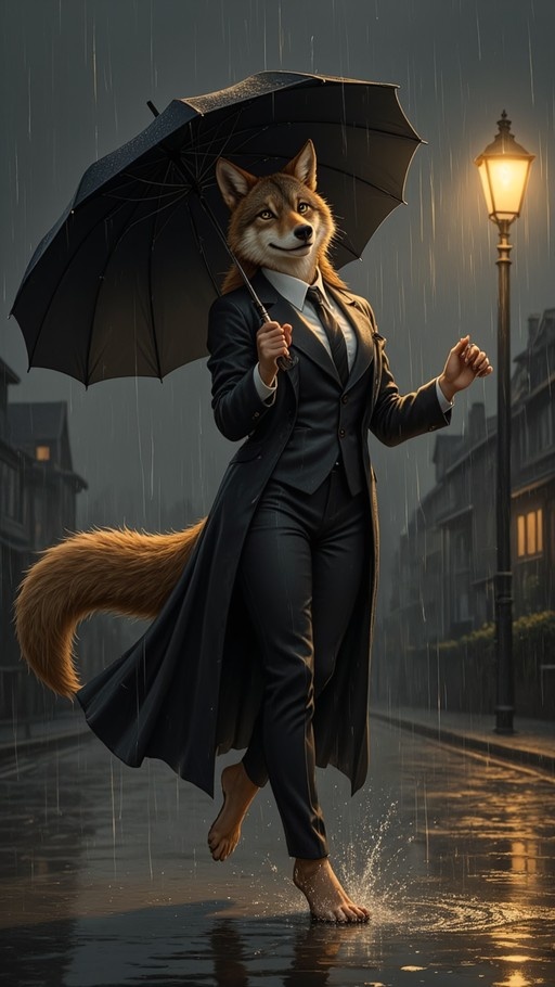 A female anthropomorphic fox with brown fur and a large tail walks barefoot in the rain on a city street while holding a black umbrella and wearing a formal black suit and trench coat.