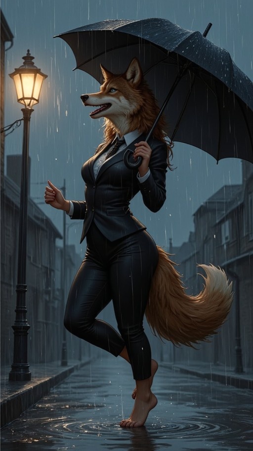 A full-body illustration of a smiling female werewolf with reddish-brown fur and a bushy tail, wearing a black business suit and tie while holding a large black umbrella barefoot on a rainy city street at night.