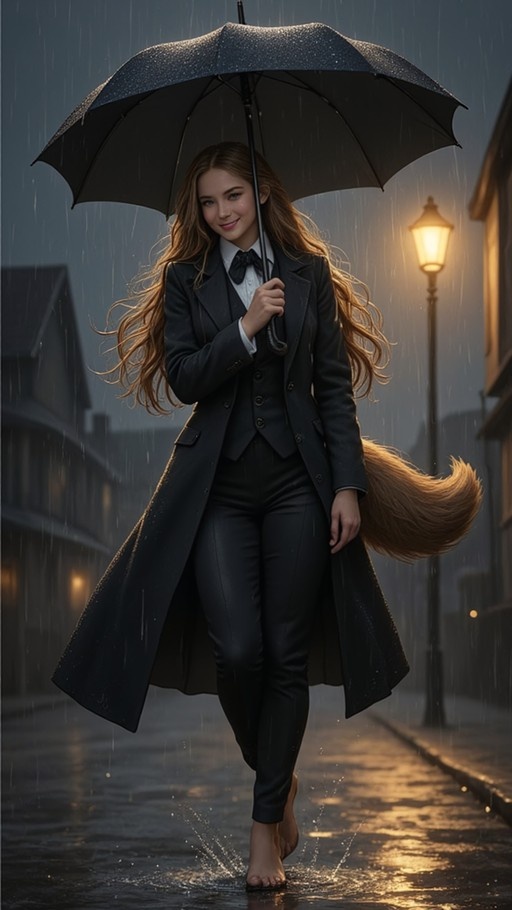 A barefoot fox girl with long brown hair wearing a formal black suit and coat smiles while walking through rain puddles under a streetlamp at night.