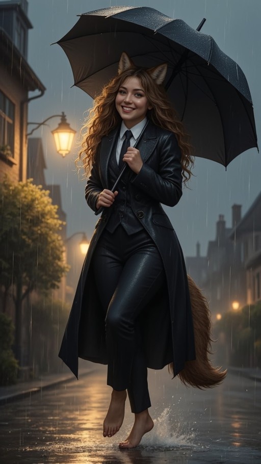 A smiling fox-eared woman with long brown hair and a fluffy tail stands barefoot on a wet city street at night, holding a black umbrella while wearing a formal black leather suit and trench coat under warm lamplight.