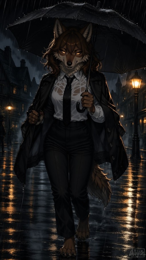 A full-body digital illustration of a brown-furred female wolf with orange eyes walking in the rain while holding a black umbrella and wearing a white shirt, tie, and dark coat.