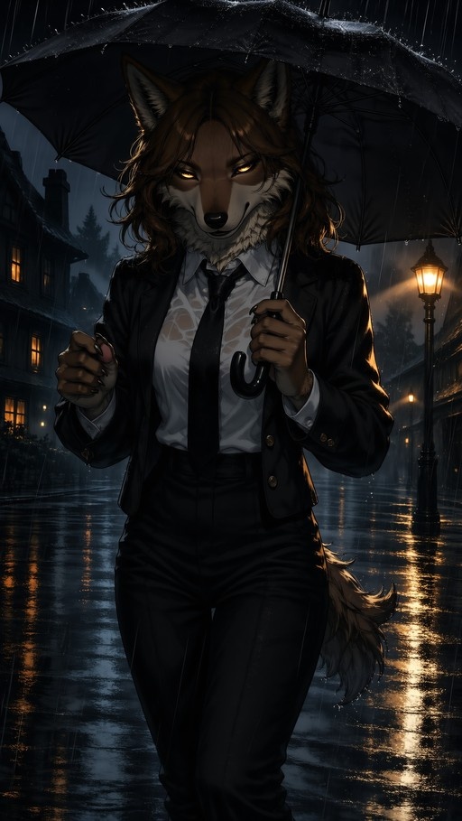 An anthropomorphic wolf woman with brown fur and glowing yellow eyes stands in the rain holding a black umbrella, wearing a wet business suit on a city street at night.