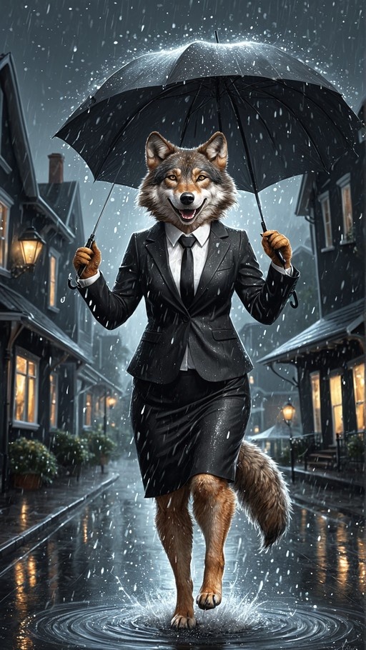 A smiling anthropomorphic wolf woman in a black business suit holding an umbrella while splashing through a puddle on a rainy street.