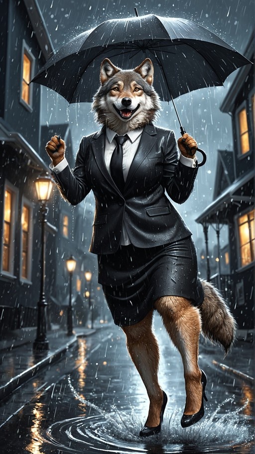 A smiling anthropomorphic wolf woman wearing a black business suit and high heels holds an umbrella while walking through puddles on a wet city street at night.