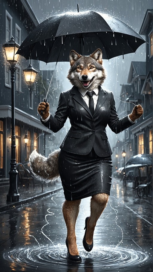 A smiling anthropomorphic wolf woman in a black business suit and high heels holding a black umbrella while walking through rain on a city street at night.