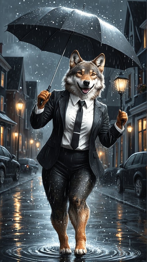 A smiling anthropomorphic wolf in a black suit holds an umbrella and grips a lamppost while walking down a rainy city street at night.