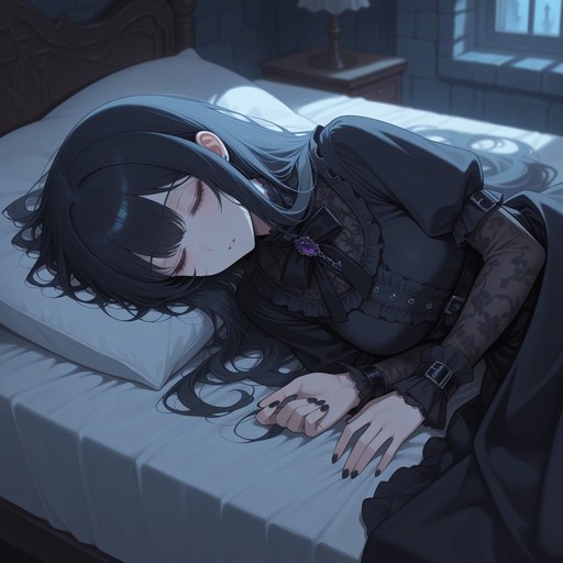 An anime-style illustration of a young woman with long black hair sleeping on her side in a bed. She wears a frilly black gothic dress with sheer floral sleeves and a purple brooch. Moonlight enters through a window in the background.