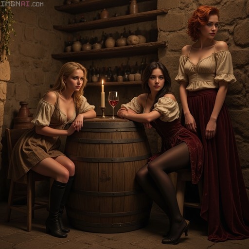 Three women in rustic dresses pose around a wooden barrel with a candle and wine glass in a stone wine cellar.