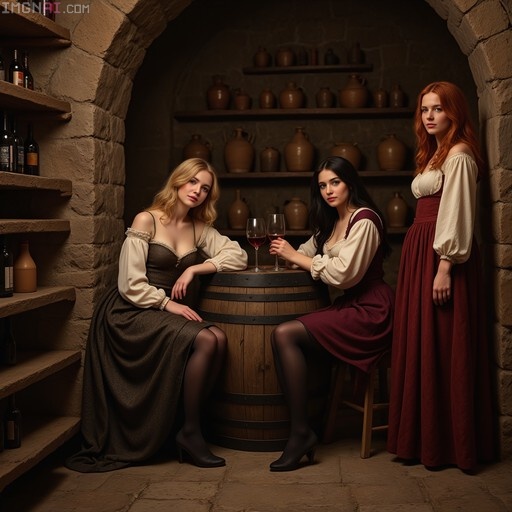 Three women in medieval-style gowns pose in a stone wine cellar, two seated at a barrel table with red wine.