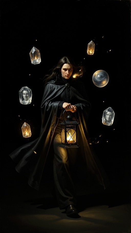 A full-body portrait of a young man with long dark hair wearing a black cloak, holding an ornate lantern. He is surrounded by floating translucent crystals containing human faces and a glowing galaxy-like orb against a solid black background.