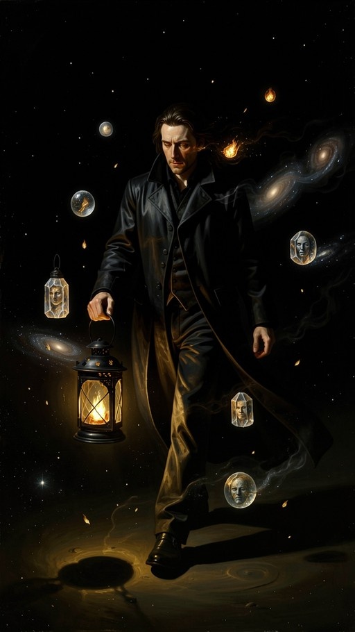A man in a long black coat walks through deep space holding a lit lantern, surrounded by swirling galaxies and floating crystal masks.