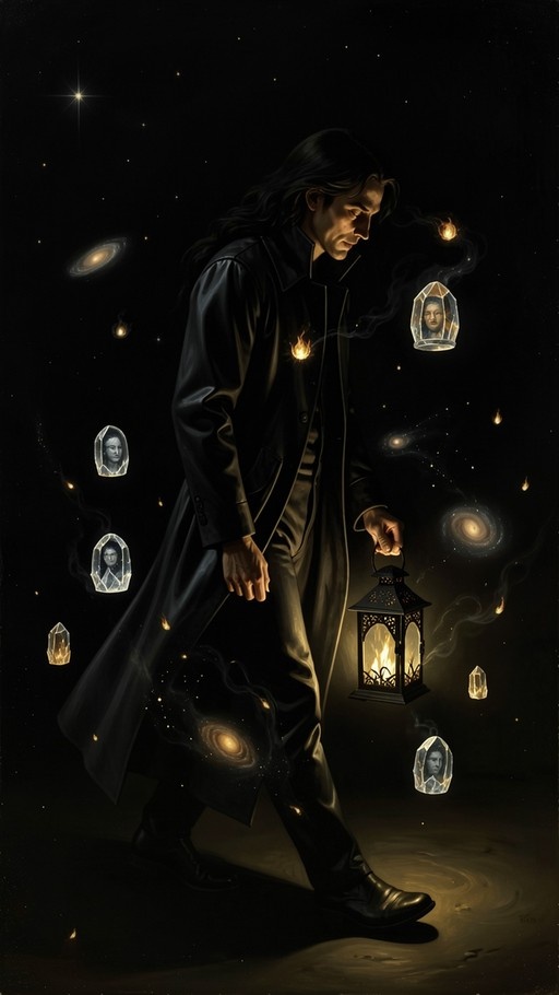 A man with long black hair in a black coat holds a lantern while walking through a starry cosmic background with floating crystals containing faces.