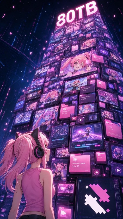 A pink-haired anime girl with cat-ear headphones looks up at a massive wall of screens displaying her image and data files under a glowing "80TB" sign.
