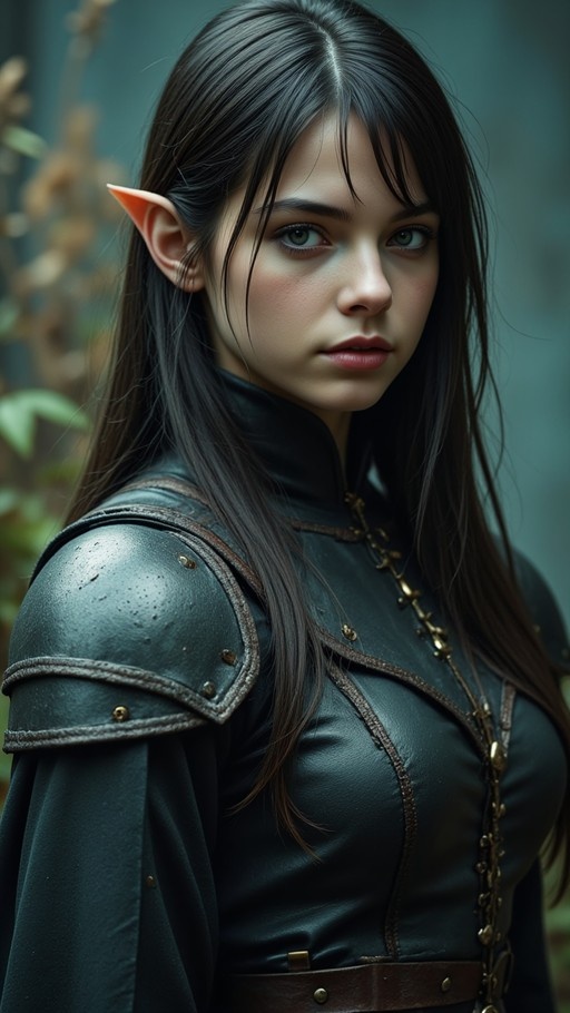 A realistic portrait of a female elf with long black hair and pointed ears wearing black leather armor.