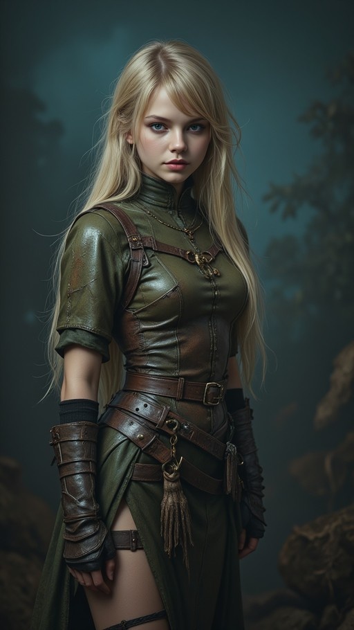 A realistic portrait of a blonde woman in green leather armor standing against a dark background.