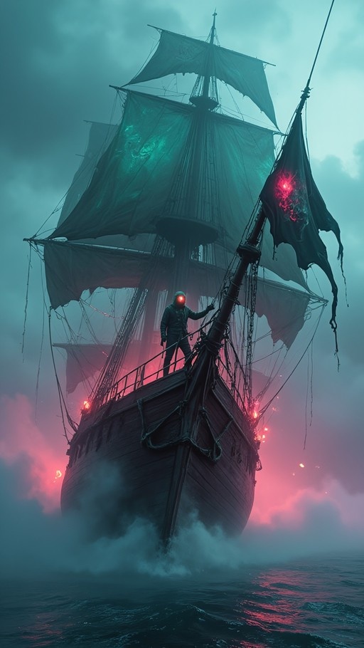 A digital illustration of a large wooden sailing ship with tattered sails moving through foggy water. A figure with glowing red eyes stands on the bow near a black flag, illuminated by eerie red light against a blue and pink sky.