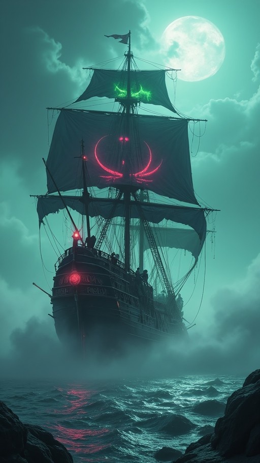 A dark sailing ship with glowing red and green symbols on its tattered sails floats through a foggy ocean at night under a large full moon.