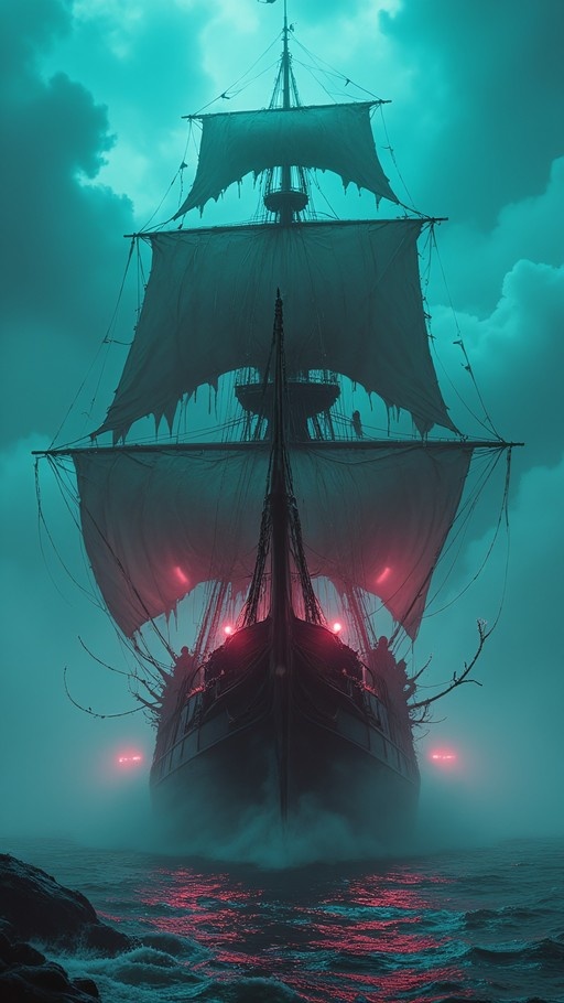 A large sailing ship with tattered sails floats on a dark ocean under a teal sky, illuminated by glowing red lights along its hull and rigging.