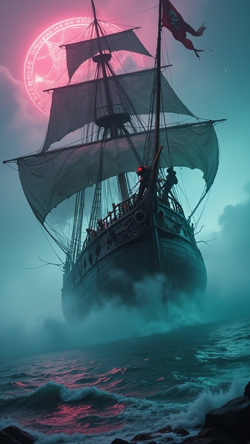 A dark pirate ship sailing through foggy waters with a large glowing pink magic circle in the sky behind it.