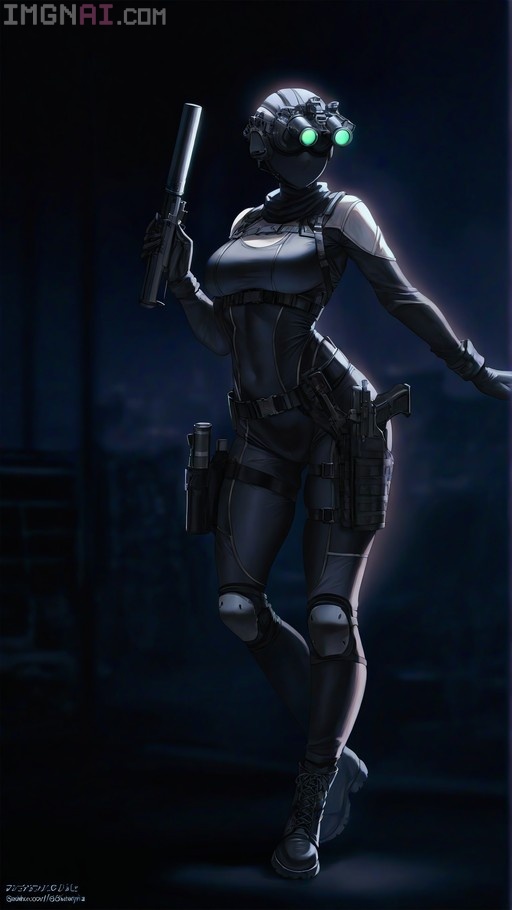 Female tactical operative in black bodysuit and helmet with green night vision goggles holding a suppressed handgun.