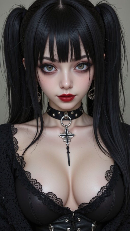 A young woman with black twin-tails and red lips wears a cross choker and lace-trimmed corset.
