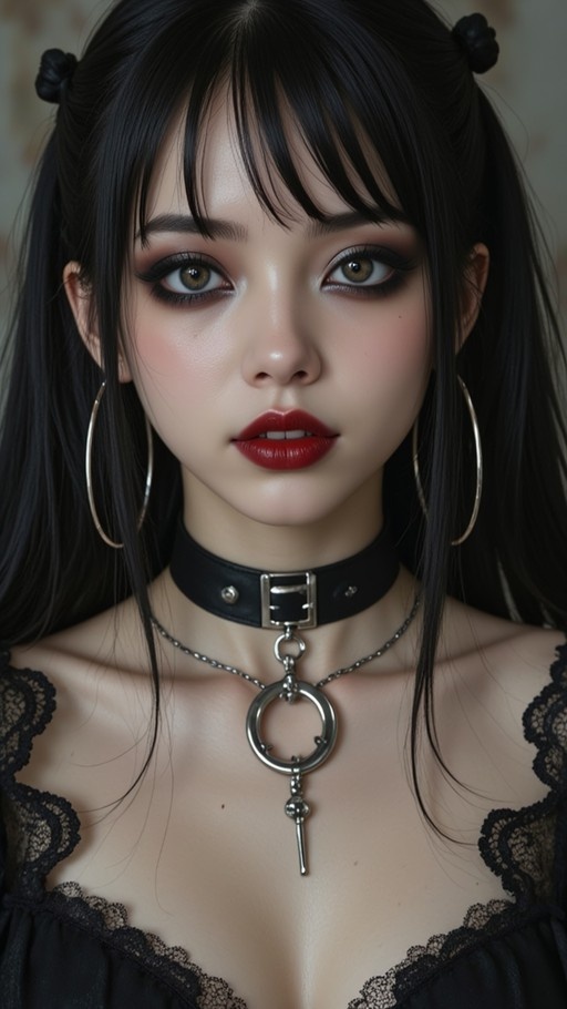 Close-up of a young woman with black hair in twin buns and heavy makeup wearing large hoop earrings and a black leather choker with a silver ring and key pendant.