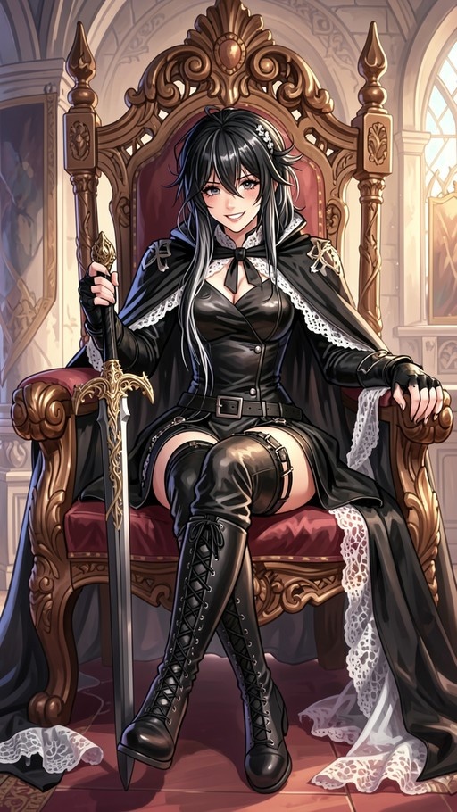 A digital illustration of an anime girl with long black and white hair sitting on a golden throne, holding a sword upright, wearing a black cape and thigh-high boots.