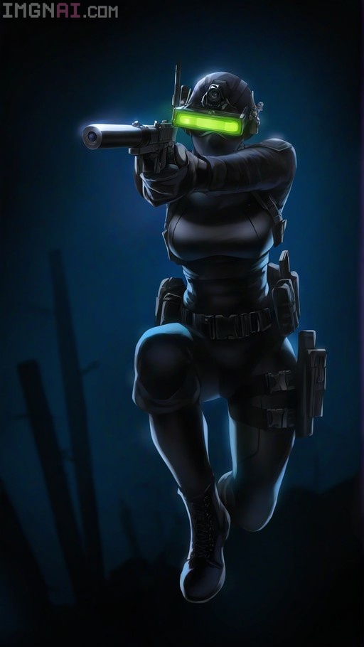 A female tactical operative in a black bodysuit and glowing green night vision goggles aims a suppressed handgun while jumping against a dark blue background.