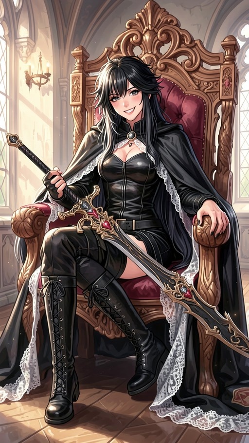Smiling woman with long black hair sits on an ornate wooden throne holding a large sword while wearing a black outfit with lace trim and thigh-high boots.
