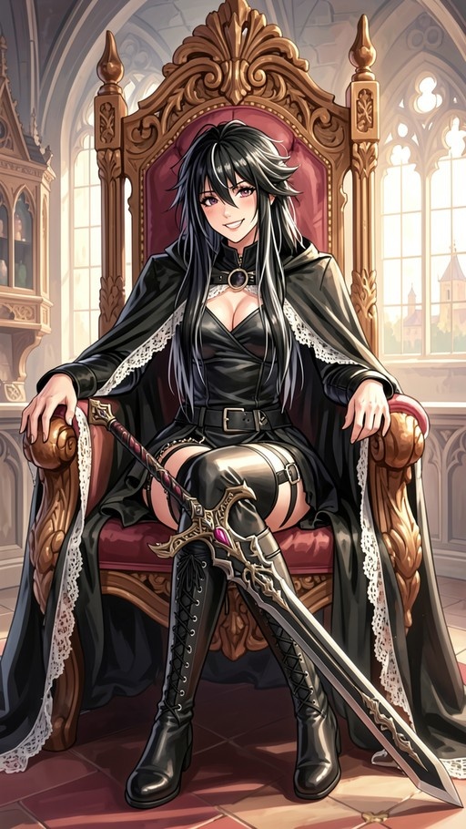 Anime-style woman with long black hair sitting on a golden throne holding a sword.