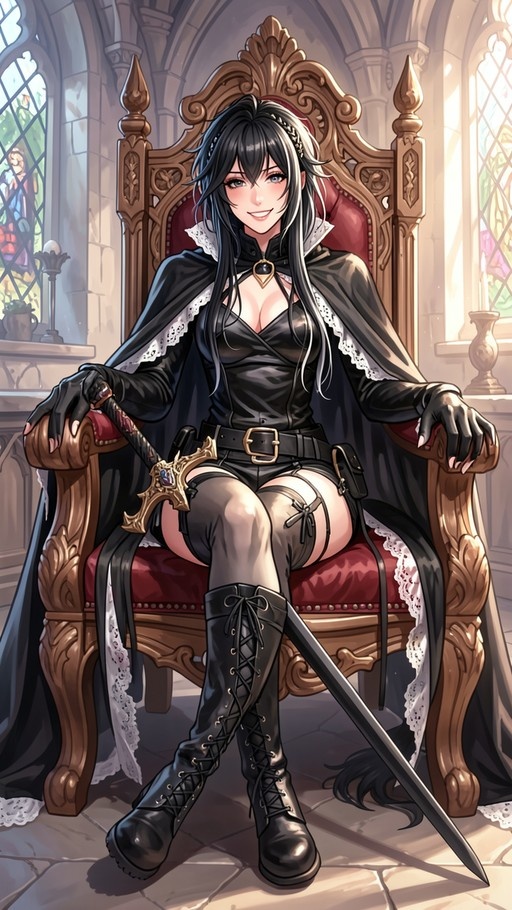 A smiling woman with long black hair sits on an ornate golden throne in a stone hall, wearing a black corset, cape, and thigh-high boots with a sword nearby.