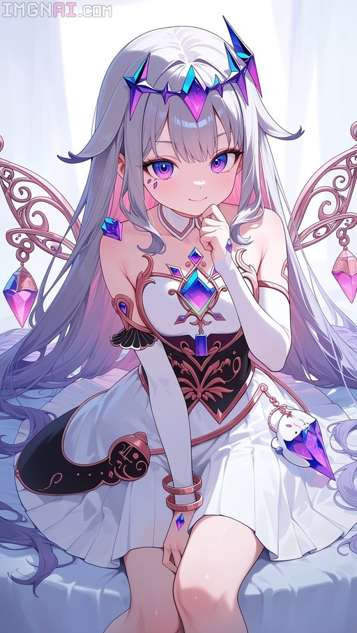 Koseki Bijou with long silver and pink hair wearing a white dress with black corset and crystal gems, sitting on a bed with fairy wings behind her.