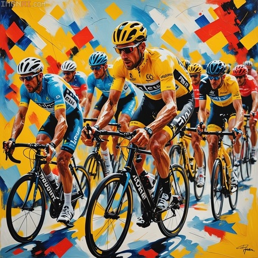 A lead cyclist in a yellow jersey and helmet races ahead of other cyclists against a vibrant background of abstract geometric shapes in blue, yellow, and red.