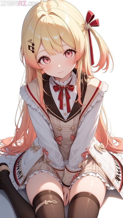 Blonde and pink-haired anime girl sitting in a frilly white jacket