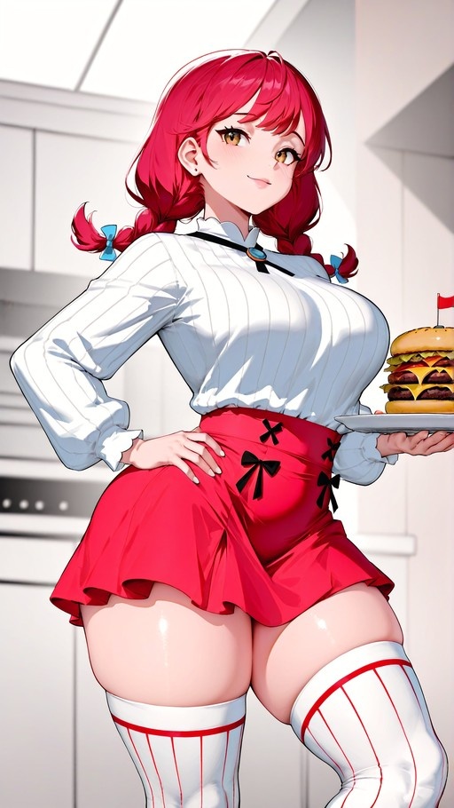 Red-haired anime girl in a striped shirt and red skirt holding a burger on a tray.