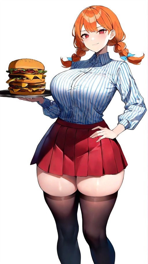 An anime girl with orange twin braids and a blue striped shirt holding a tray with a large burger.