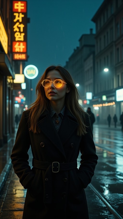A young woman with long brown hair and round glasses stands on a wet city street at night, wearing a black belted trench coat with her hands in her pockets. Neon signs illuminate the scene against a backdrop of blurred urban buildings.