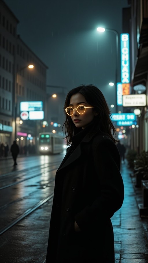 A young woman with dark hair stands on a rainy city street at night, wearing a black coat and round glasses that emit a soft yellow glow.