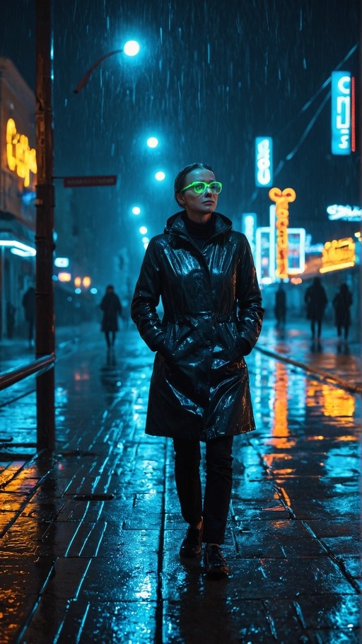 A person wearing a shiny black raincoat and bright green glasses walks down a wet city street at night, illuminated by blue streetlights and orange neon signs.