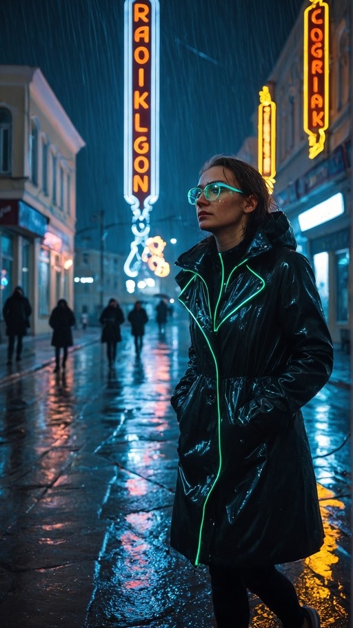 A woman in a black raincoat with green neon trim and teal glasses stands on a rainy city street at night under glowing signs.