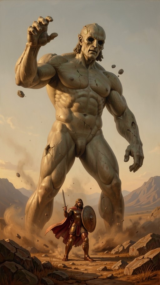 A tiny armored warrior with a red cape holds a sword and shield while facing a towering, cracked stone giant in a desert landscape.