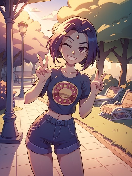An anime-style illustration of Raven from DC Comics winking and holding up peace signs with both hands in a park setting during golden hour.