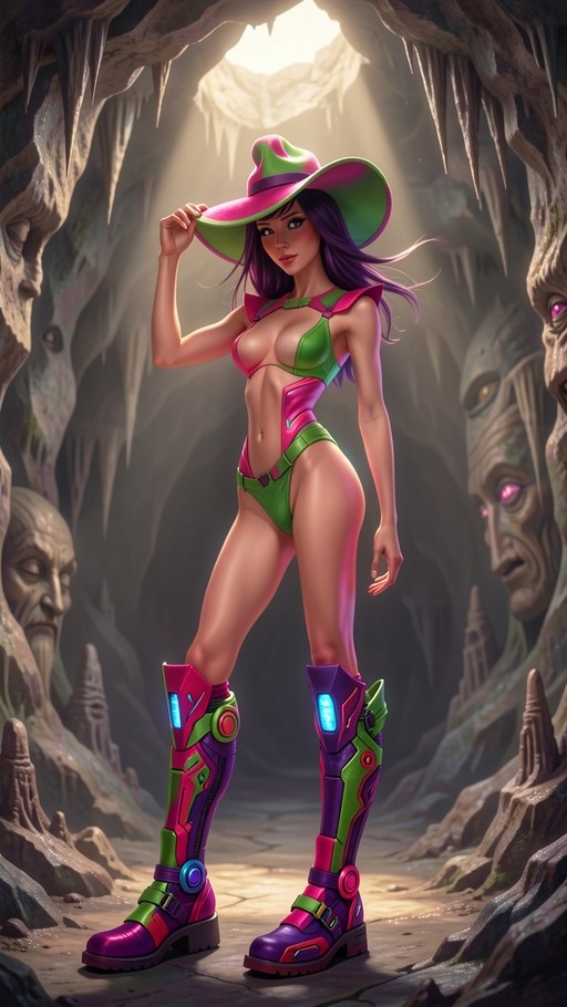 A full-body digital illustration of a woman with long purple hair wearing a large pink and green witch hat and matching futuristic armor standing in a dimly lit cave with carved stone faces on the walls.