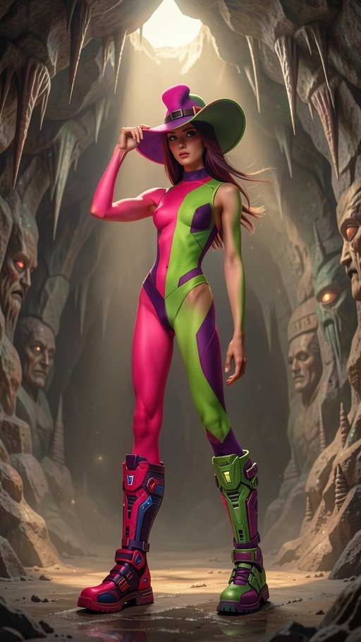 A woman in a pink and green asymmetrical bodysuit and matching witch hat stands in a cave adjusting her hat while looking at the viewer.