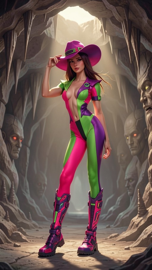 A full-body digital illustration of a woman in a pink, green, and purple bodysuit standing in a cave, tipping her hat while stone faces watch from the walls.