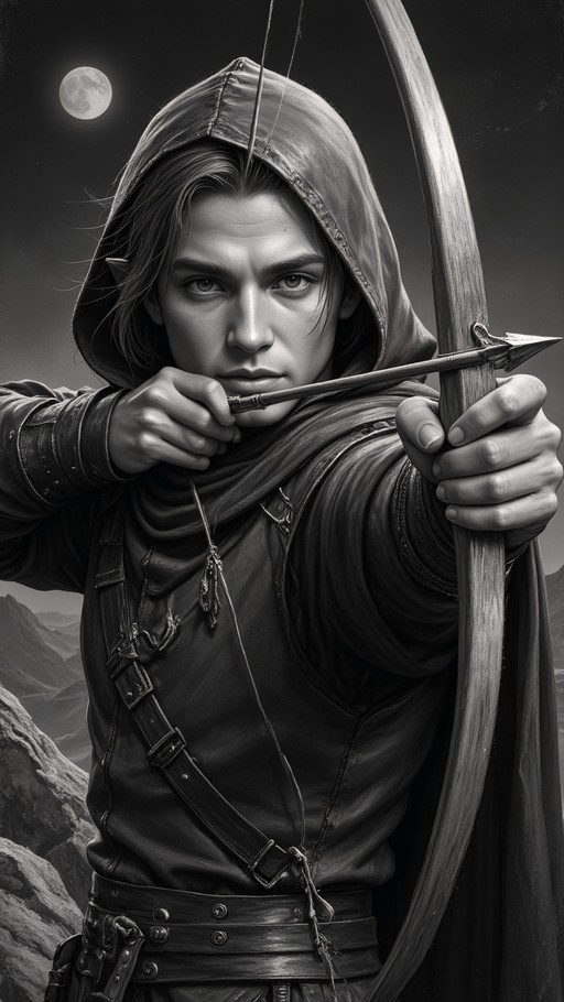 Greyscale portrait of a hooded elf archer with pointed ears drawing a bow and aiming an arrow directly at the viewer under a full moon.