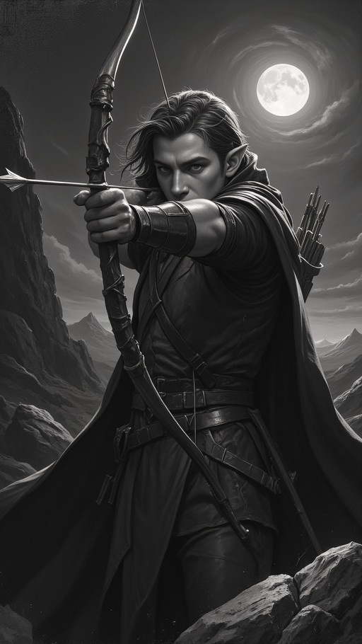 A greyscale digital illustration of a male elf with pointed ears and long hair, wearing a dark cloak and leather armor, aiming a bow and arrow directly at the viewer against a backdrop of rocky mountains and a large full moon in a cloudy night sky.