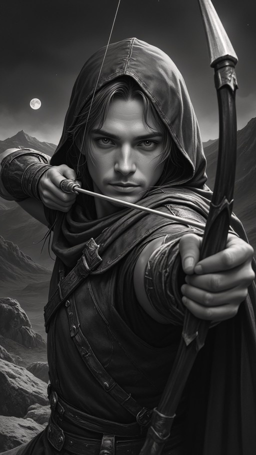 A hooded man in leather armor aims a drawn bow and arrow directly at the viewer against a backdrop of rocky mountains and a full moon in a monochrome style.